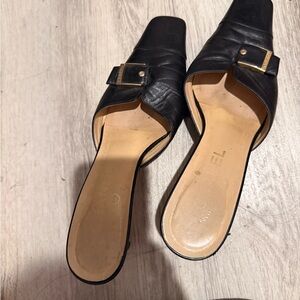Black Leather Buckle Slide Sandals - Women